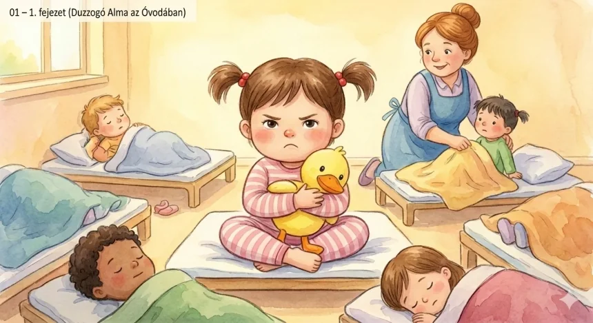 mese az óvodai alvásról gyerekeknek – Alma duzzogva ül az óvodai fekhelyen, sárga plüss kacsáját szorítja