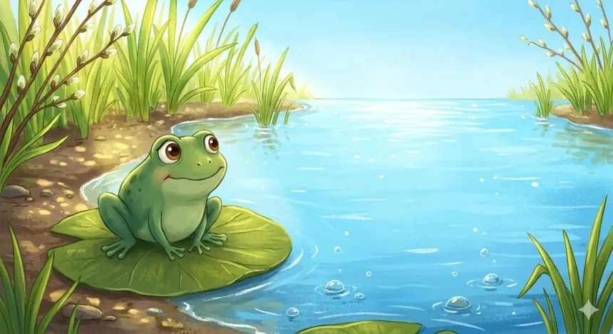 nagyon rövid mese gyerekeknek – Buksi béka vízililiom levelén ül a tavaszi tóparton