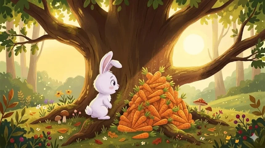 rövid állatos mese gyerekeknek – kis fehér nyuszi csodálkozva néz egy nagy répahalmot az erdőben