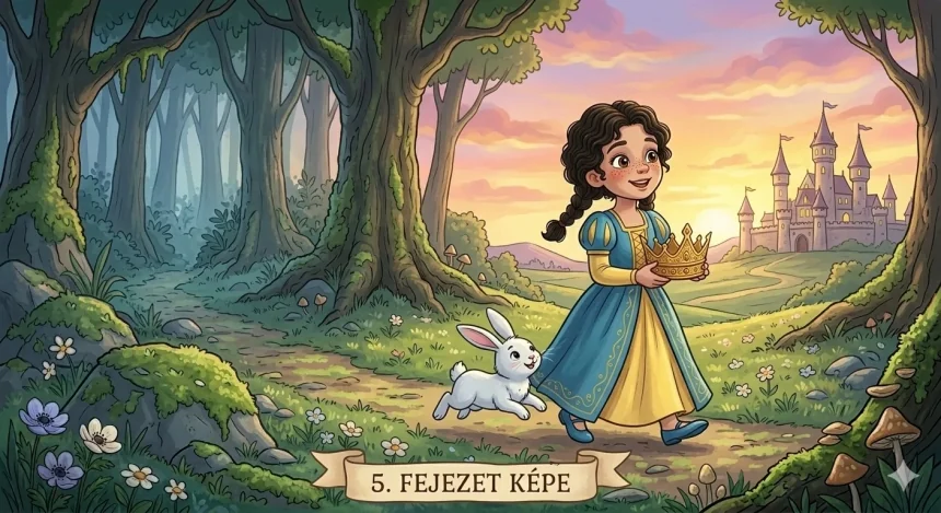 rövid hercegnős mese kislányoknak – Réka hercegnő hazafelé sétál a koronával, mellette Ezüstke nyúl fut, a palota tornyai látszanak a távolban