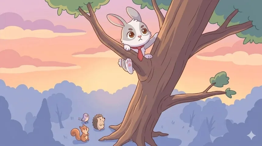 rövid esti mese gyerekeknek – Ármin kisnyúl magas fa tetején kapaszkodik, lent aggódó állatok figyelik