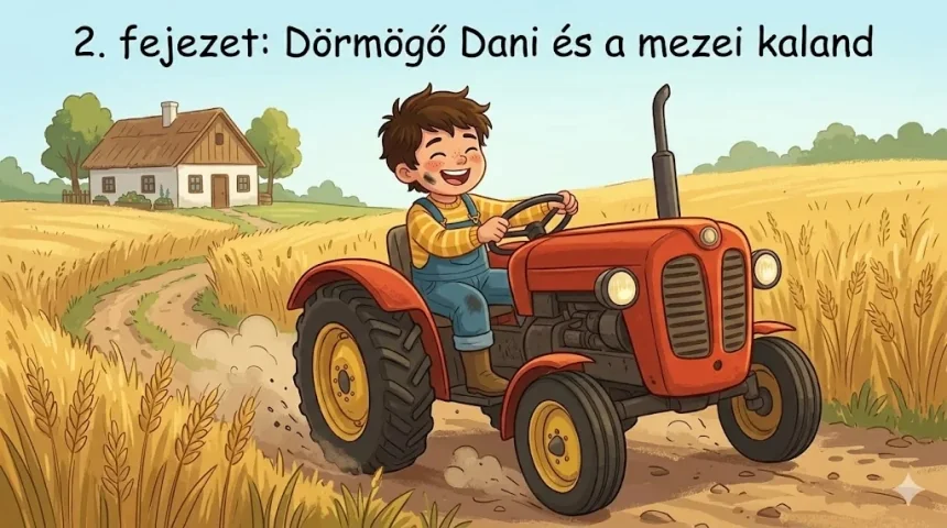 traktoros mese gyerekeknek – Dörmögő Dani vidáman vezeti a piros traktort a búzatáblák között