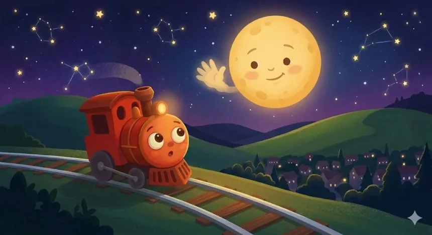 altató esti mese kisvonat – Csöpi kisvonat a Hold néni alatt csillagos éjszakán