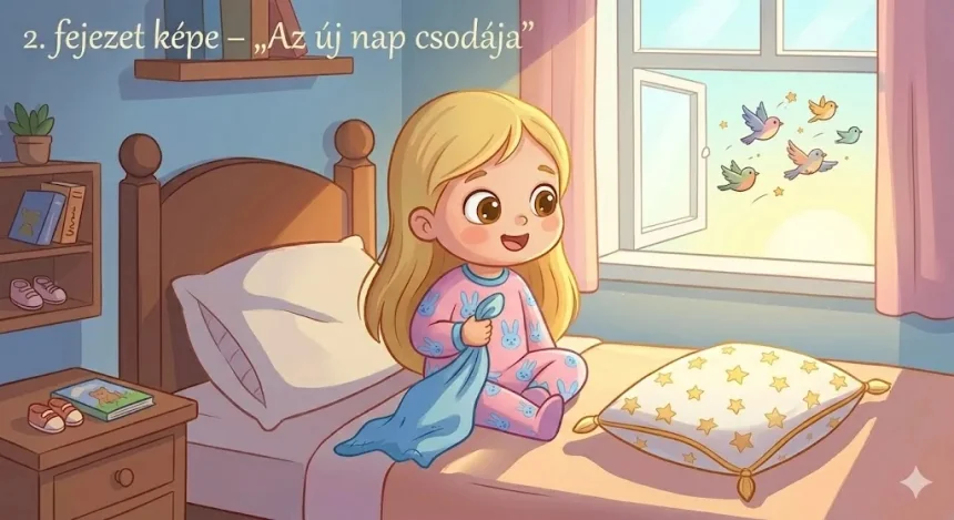 altató mese babáknak – Mimi boldogan néz ki az ablakon ahol madarak repülnek a csillagos varázs párna mellett