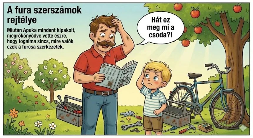 apák napi mese – Apuka zavartan tartja a bicikli kézikönyvét, Misi mellette áll