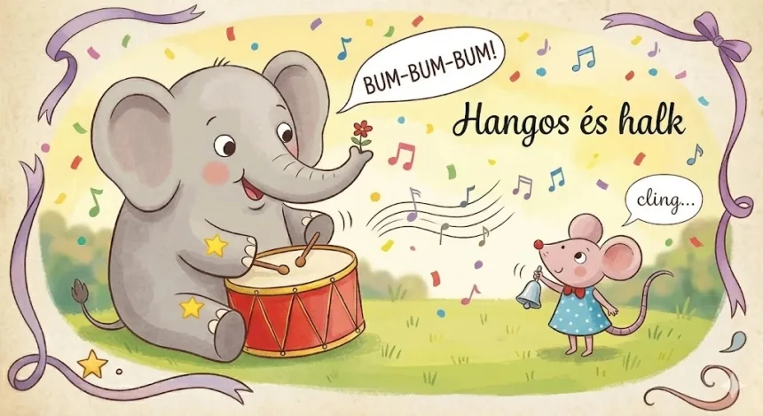 fejlesztő mese 2 éveseknek – Elemér dobol hangosan, Mici csengettyűjével halkan csendít