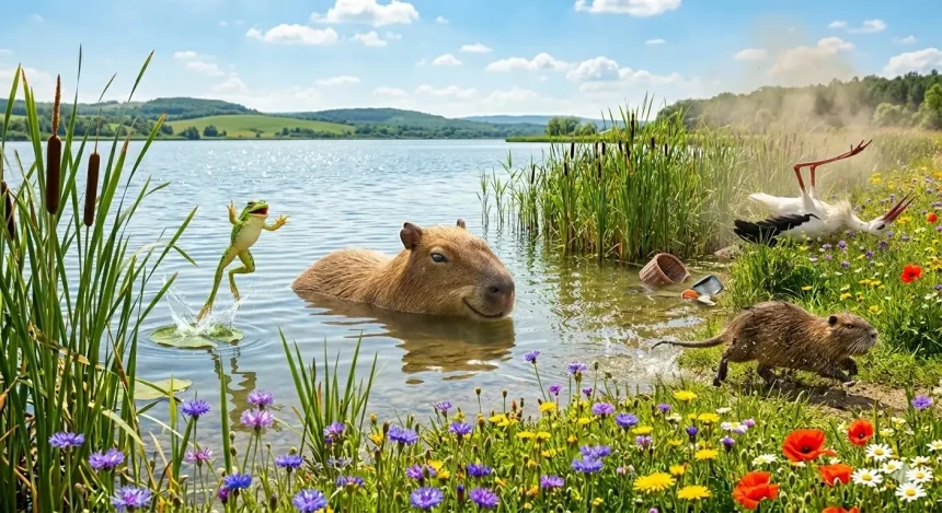 vízidisznó mese gyerekeknek – Vizi Paci elmosolyodik a vízben, körülötte Ribike béka ugrik, Nádi Norbert hánykolódik, Zsuzsi nutria futkos