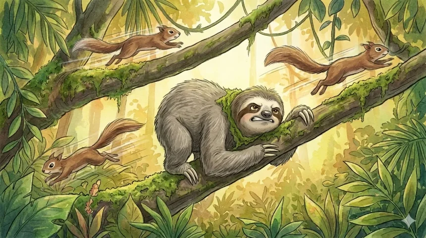 mese a türelemről gyerekeknek – Lassi lajhár erőlködve próbál gyorsan mászni az ágon, mellette mókusok száguldanak