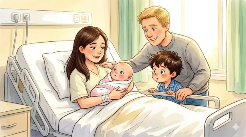 mese kistestvér érkezéséről – Bence a kórházban először látja az újszülött kistestvérét anyuka ölében