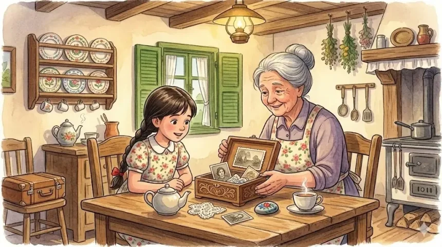 nagymamás mese gyerekeknek – Nagyi és Zorka a konyhában egy régi fényképes fadobozt néznek együtt