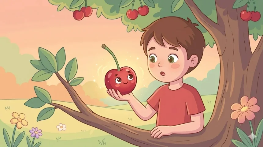 rövid esti mese gyerekeknek – Beni kisfiú cseresznyefán ül, tenyerén mosolygó szemű cseresznye