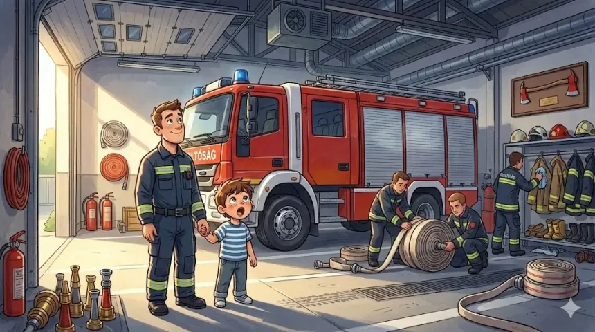 tűzoltó mese gyerekeknek – Huba apukájával a tűzoltóság garázsában áll a hatalmas piros tűzoltóautó előtt