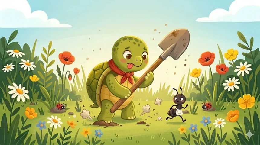 vicces teknős mese – Lassú Lóri óriási lapáttal ás, Pitypang hangya elsiet mellette