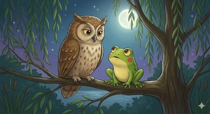 béka mese – Buksi Béka és a bölcs bagoly egy fűzfaágon ülnek holdvilágnál
