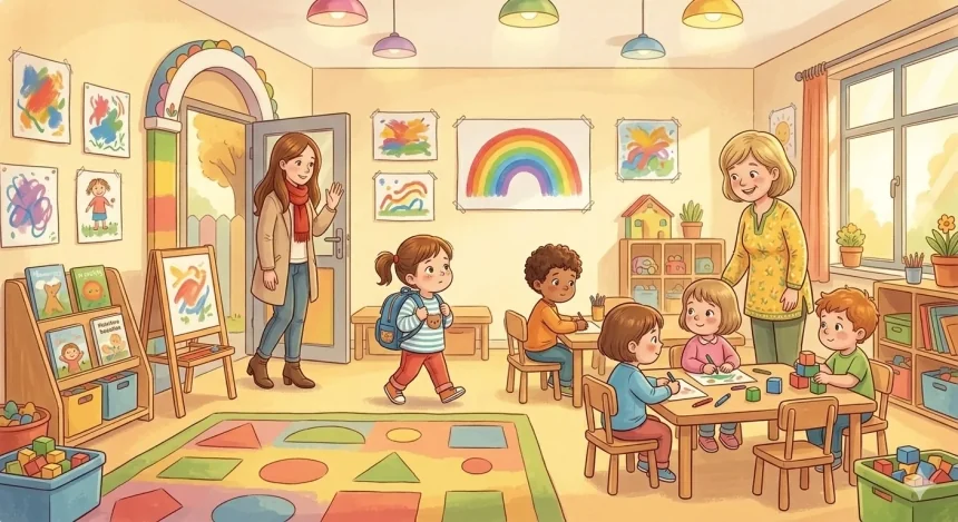 mese az elválásról – Zoé belép az óvodai csoportszobába, Nóri néni fogadja