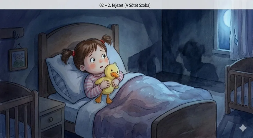 mese az óvodai alvásról gyerekeknek – Alma ijedten néz a sötét szoba sarkába, szorítja Pitykét