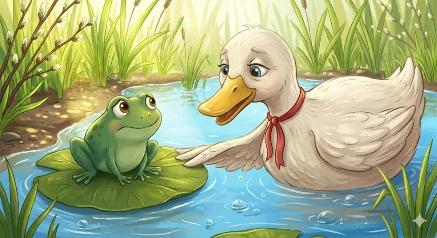 nagyon rövid mese gyerekeknek – Buksi béka és Matild kacsa néni a tóparton beszélgetnek