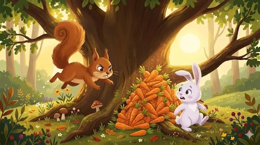 rövid állatos mese gyerekeknek – vörösesbarna mókus megérkezik a répahalmoz, a kis nyuszi hátrál