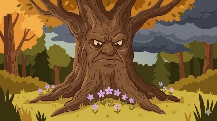 nagyon rövid mesék gyerekeknek – büszke tölgyfa komoly arccal és apró mosolygó virágok a tövében, viharfelhők a háttérben