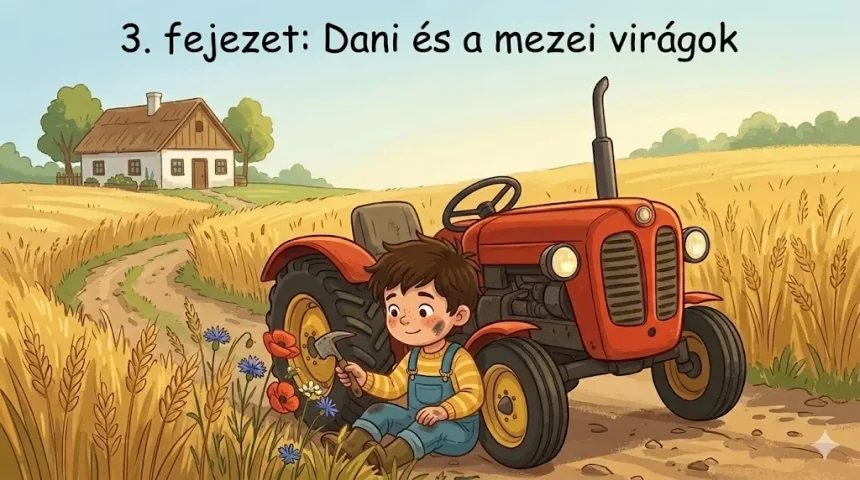 Dörmögő Dani mese – Dani a piros traktor kereke mellett ül, mezei virágokat néz