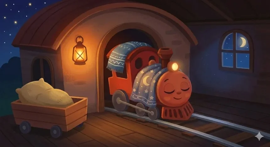 altató esti mese kisvonat – Csöpi kisvonat alszik a fűtőházban kék csillagos takaró alatt