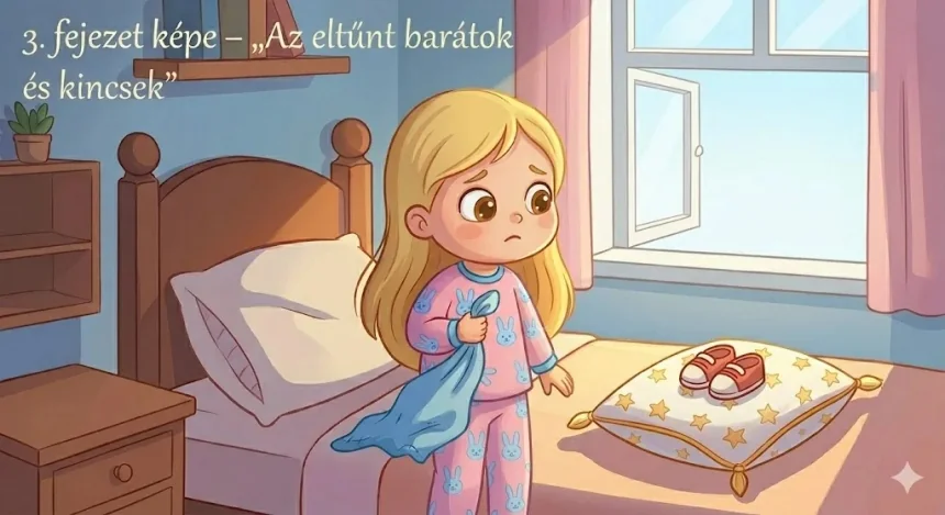 esti mese gyerekeknek – Mimi csodálkozva áll a varázs párna előtt amelyen piros cipő jelent meg