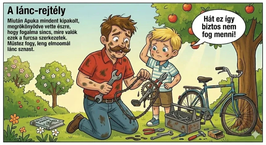 apák napi vicces mese – Apuka olajos kézzel tartja a láncot, Misi komolyan figyeli