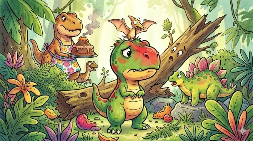 dinoszauruszos mese gyerekeknek – Dino Dani szégyenkezve nézi a dühroham nyomait