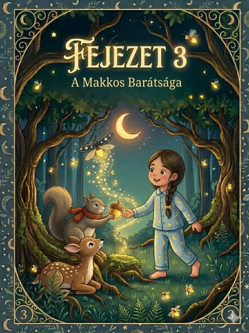 esti mese gyerekeknek – Makkos mókus és Luca kislány a tölgyfa tövénél az erdőben