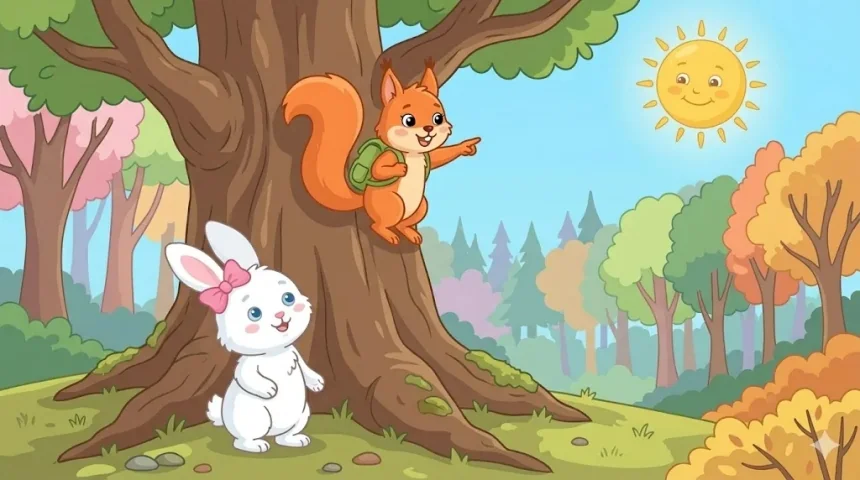 húsvéti mese nyusziról – Cili mókus mutatja az irányt Pankának a fa tetejéről