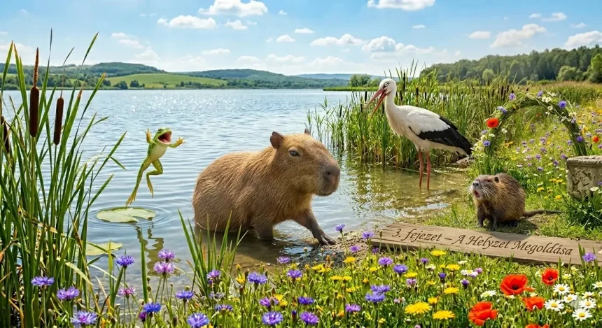 állatos vicces mese óvodásoknak – Vizi Paci kimászik a vízből, Ribike tátott szájjal, Nádi Norbert döbbenten néz