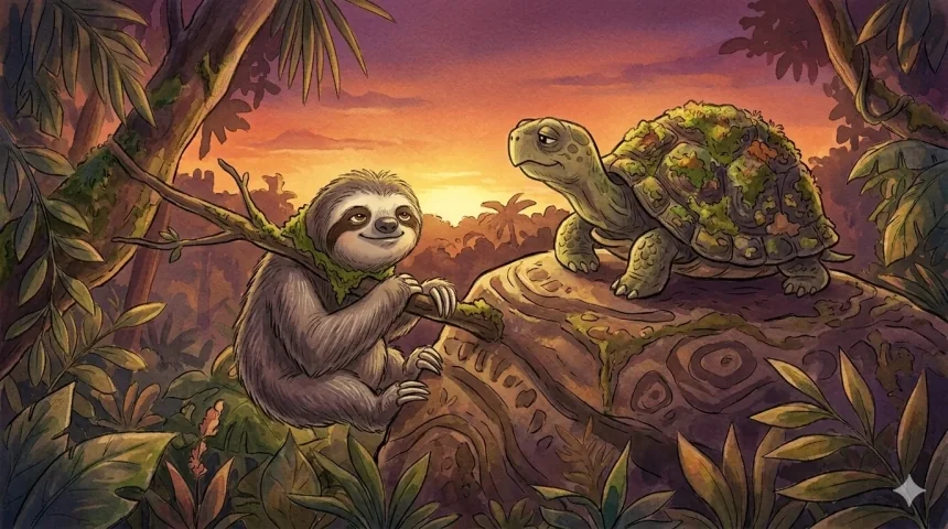 állatos mese 4-7 éveseknek – Lassi lajhár és Lombi öreg teknős a naplementében együtt ülnek egy kövön a dzsungelben