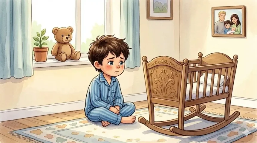 mese testvérféltékenységről gyerekeknek – Bence szomorúan ül a szőnyegen a bölcső mellett, egyedül érzi magát