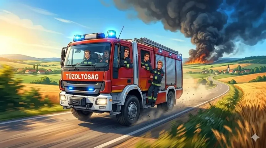 tűzoltóautó mese – Villám a piros tűzoltóautó teljes sebességgel száguldva halad a vidéki úton, mögötte füstoszlop