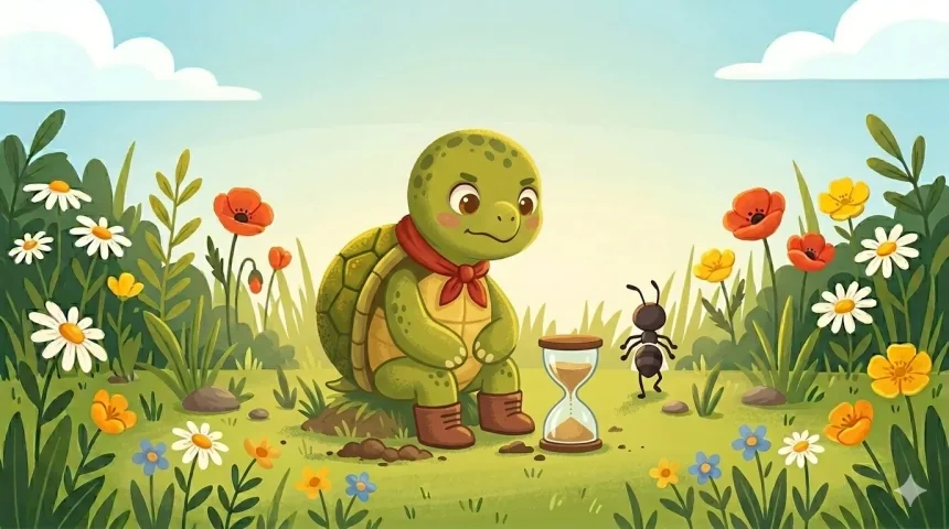 vicces állatos mese óvodásoknak – Lassú Lóri homokóra mellett ül és türelmesen vár