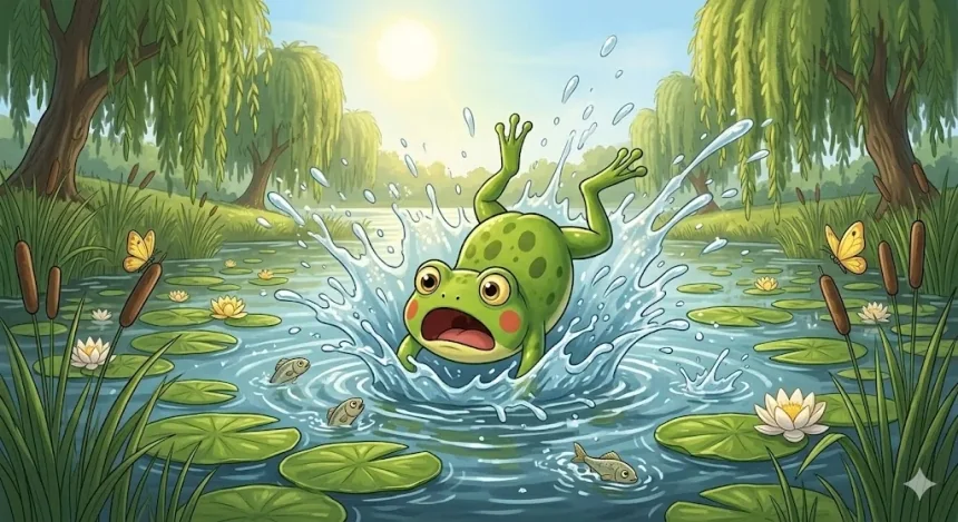 bátorság mese gyerekeknek – Buksi Béka beleesik a tóba, nagy fröccsenés