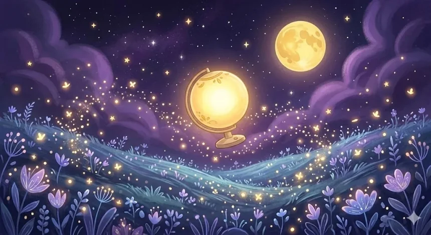 esti mese gyerekeknek – Lumika kislámpa varázslatos éjszakai réten szentjánosbogarak között