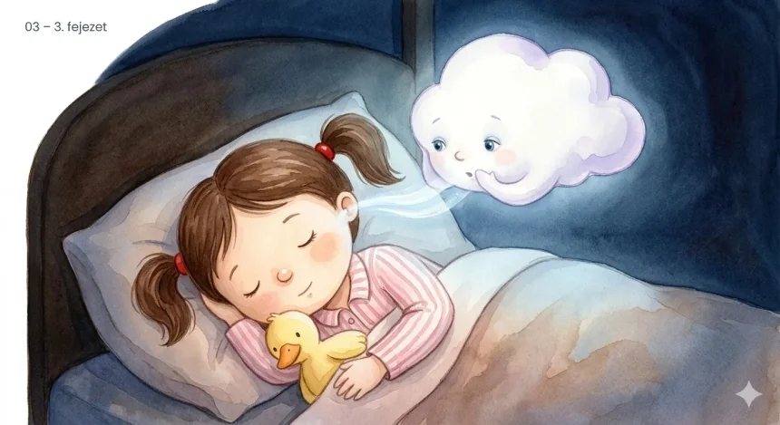 mese az óvodai alvásról gyerekeknek – Alma lehunyt szemmel fekszik, fölötte megjelenik az Álomfelhő