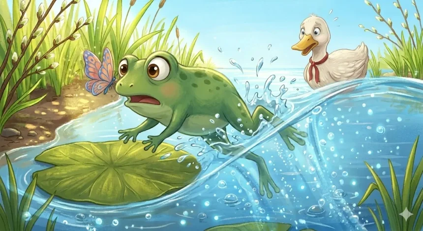 nagyon rövid mese gyerekeknek – Buksi béka pillangótól megijedve beleugrik a tóba