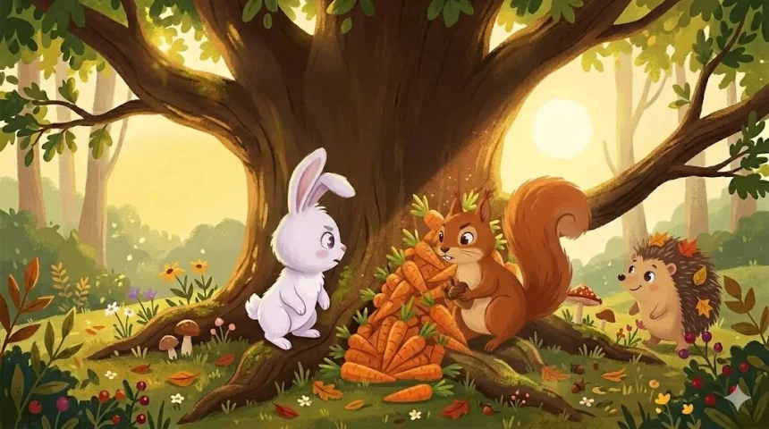 rövid állatos mese gyerekeknek – nyuszi és mókus vitáznak a répahalom előtt, a bölcs sün megérkezik