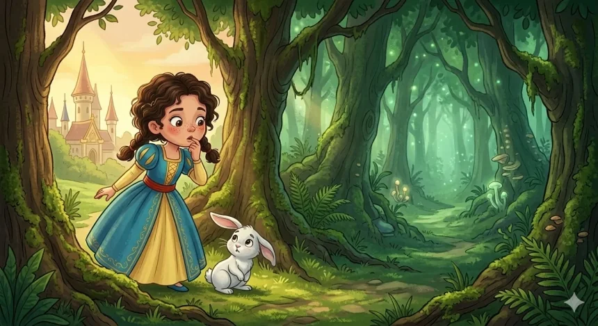rövid hercegnős mese kislányoknak – Réka hercegnő az erdő titokzatos bejáratánál áll a kis fehér nyúllal
