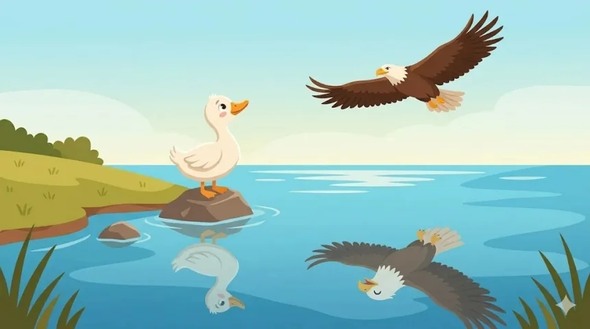 nagyon rövid mesék gyerekeknek – kis fehér kacsa kövön áll a tó közepén, sas körözik felette az égen