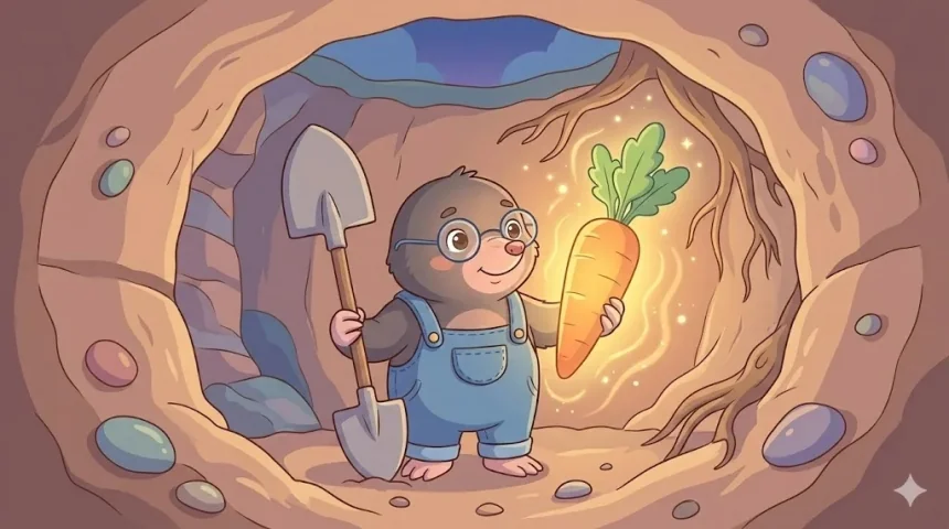 rövid esti mese gyerekeknek – Rudi vakond kék overallban föld alatti alagútban ragyogó répát tart a kezében