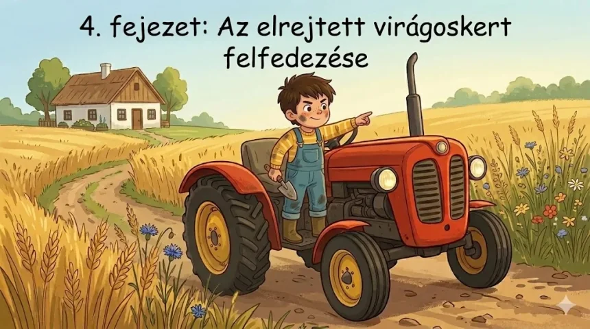 traktor mese gyerekeknek – Dani a traktorra állva mutat valamit a távolban, virágok között