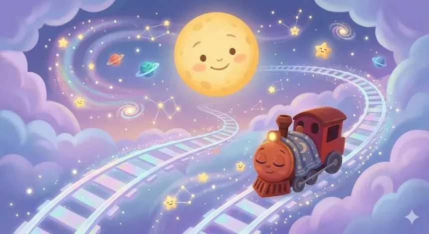 altató esti mese kisvonat – Csöpi kisvonat álmában csillagok között száll felhők felett