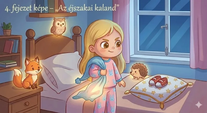 altató mese 0-3 éves – Mimi az éjszakai szobájában bagollyal rókával és sünivel a varázs párna körül