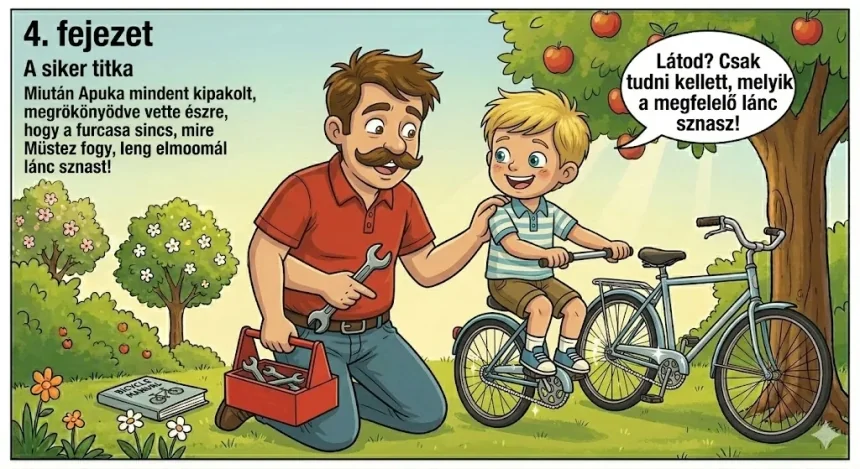 apák napja mese – Misi büszkén ül a megjavított biciklire, Apuka mellette térdel és mosolyog