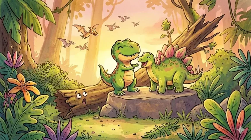 dinoszauruszos mese gyerekeknek – Dino Dani és Stefi barátok a naplementében