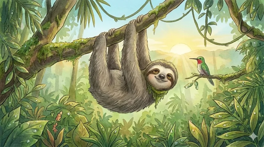 türelem mese kisgyerekeknek – Lassi lajhár elégedetten lóg az ágon a napfelkeltében, mellette Cirpike kolibri megáll