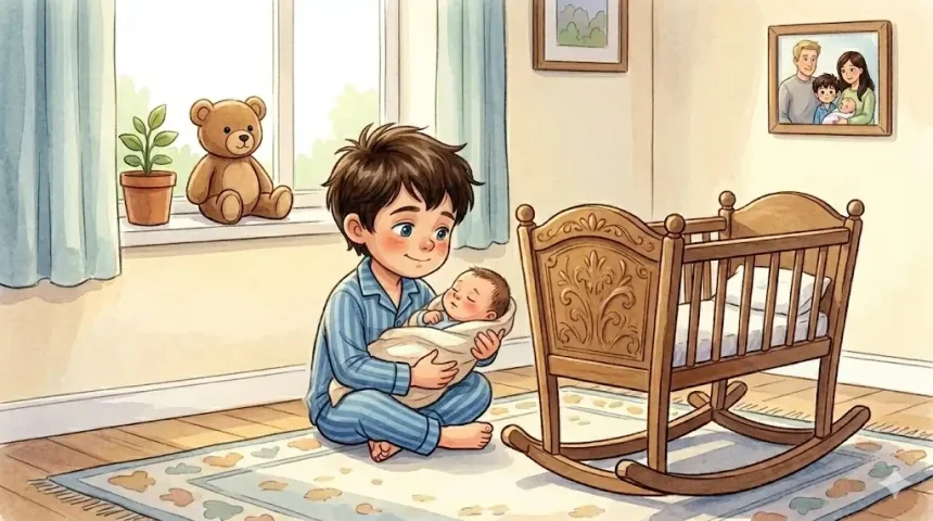 mese a kistestvér érkezéséről gyerekeknek – Bence karjában tartja Matikót és rámosolyog a kis testvérére